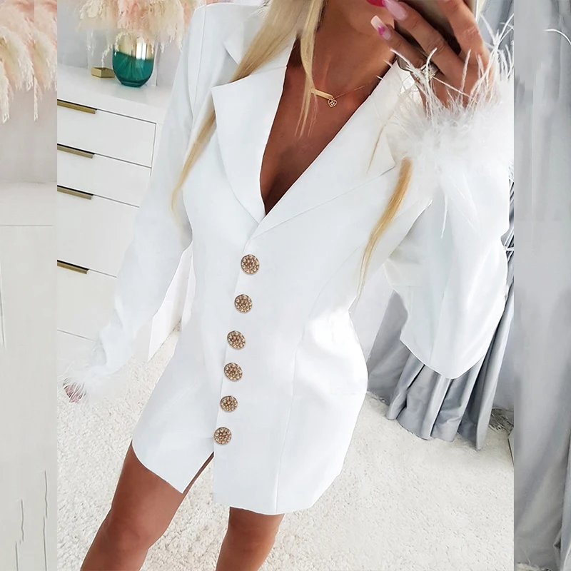 

Spring Solid Straight Office Lady Dress Women Notched Collar Single Breasted Blazers Dress Autumn Feather Long Sleeve Mini Dress