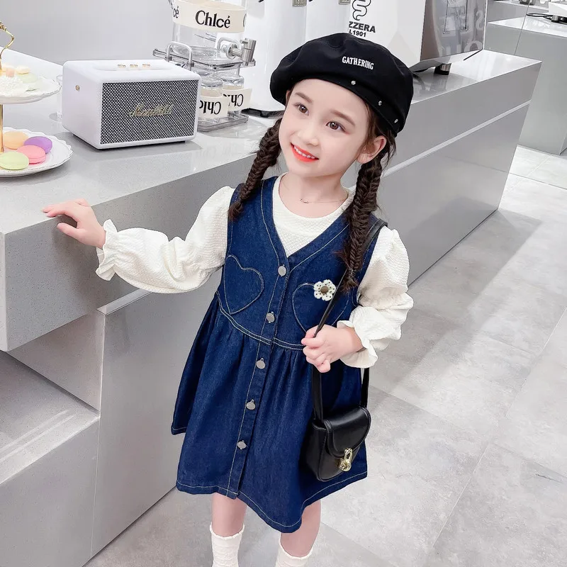 

2023 Autumn Children T Shirt Love Denim Vest Dress 2 Pcs Baby Girls Clothing Sets Princess Costumes Kids Casual Clothes Outfits
