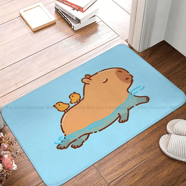 Nem Csúszás Nélküli Ajtófedélzet Fürdőszőnyeg Capybara Úszás Két Madár Erkélyszőnyeggel Üdvözlő Szőnyeg Beltéri Dekoratív