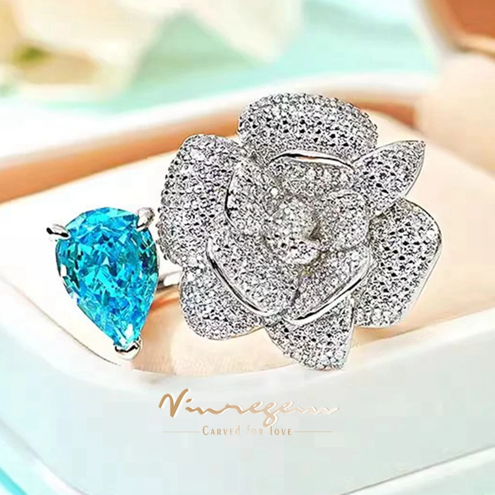 Vinregem 7*10 MM 3CT Pear Cut Lab Created Aquamarine High Carbon Diamond Gemstone Flwoer Open Ring 925 Sterling Silver Jewelry