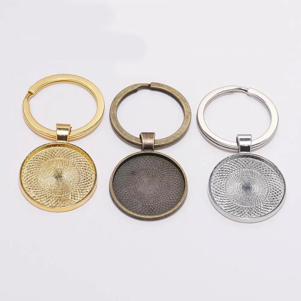 10 Set Cabochon Keychain DIY Kits - Gold Key Ring Base With Glass Domes For Craft Making