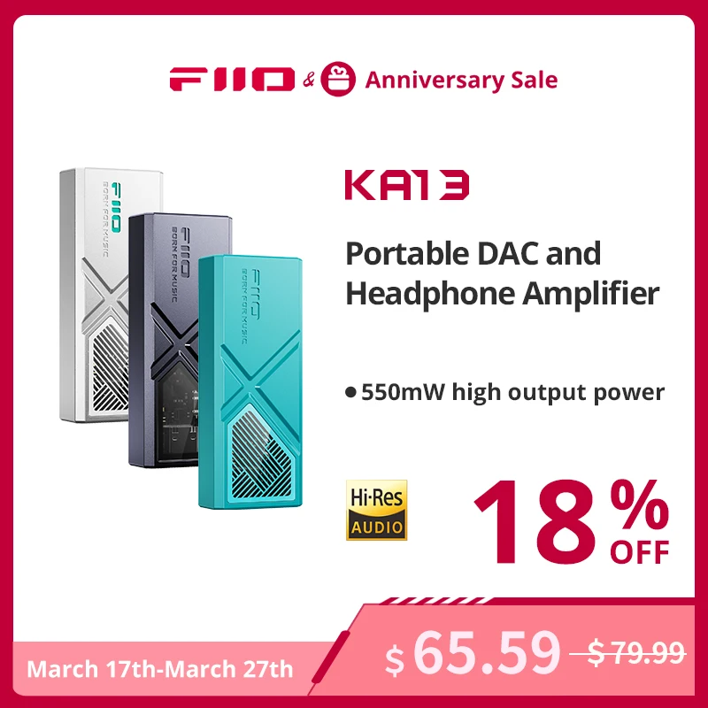 

Портативный ЦАП-усилитель FiiO/JadeAudio KA13 Dual CS43131 для IOS/Android, сбалансированный выход 3,5 мм и 4,4 мм, высокая мощность 550 мВт