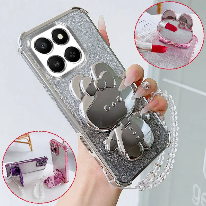Luxury Shockproof Phone Case with Cute Rabbit Makeup Swivel Stand & Crystal Lanyard