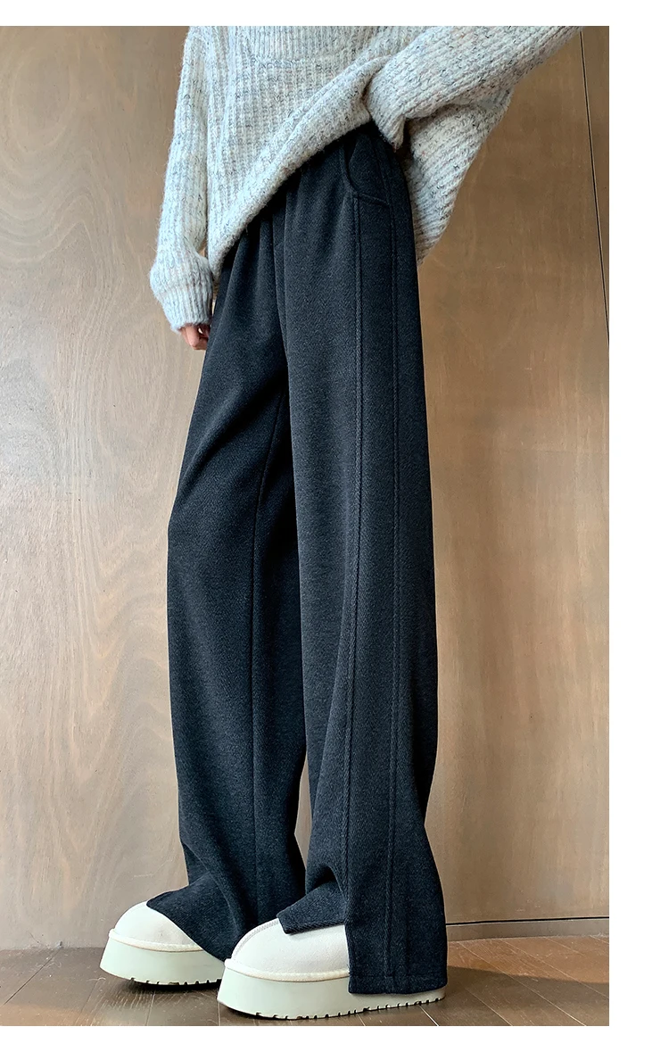 High Street Casual Gerade Lose Chic Split Frauen Hosen Herbst Winter Klassische Feste Farbe Mode Einfache Weibliche Breite Bein Hosen – Detail 19