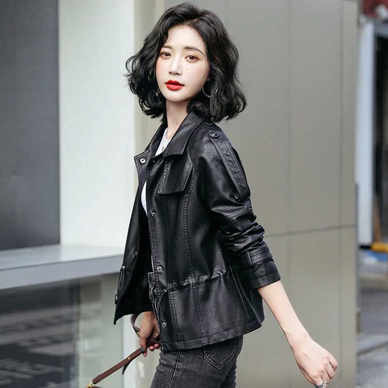 Women Sheep Leather Jacket, Classic Turn Down Collar, Chic Drawstring, Slim Short Sheepskin Coat Streetwear, Spring Autumn 2024
