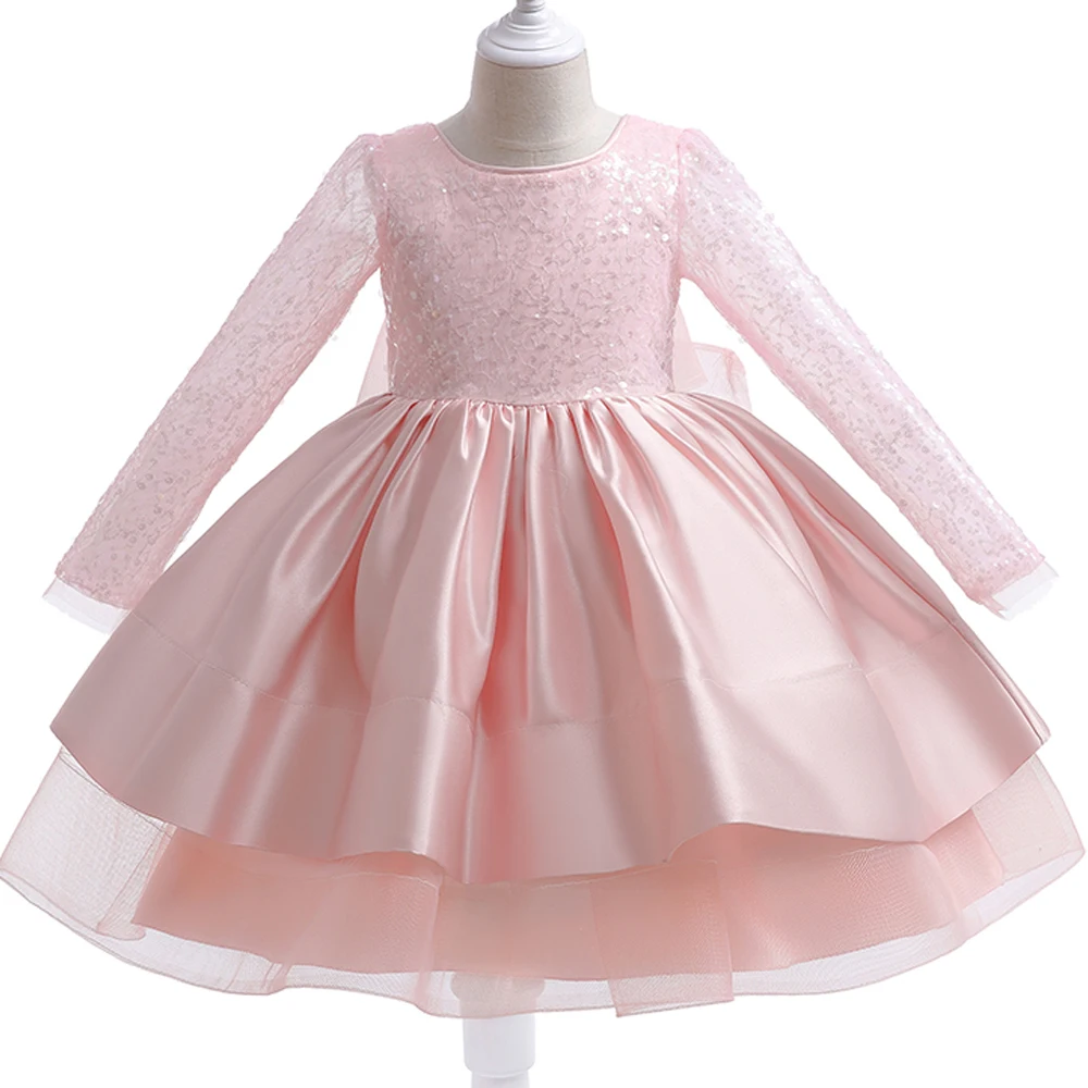 Formal Long Sleeve Lace Sequins Wedding Princess Dress Host Birthday Evening Bow Kids Dress for Girl Bridesmaid Children Clothes girls dress,princess costume,kids clothes
