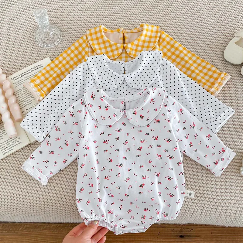 

2024 New Spring Toddler Baby Girl Romper Long Sleeved Cotton Lattice Printing Newborn Baby Girl Jumpsuit 0-24M Baby Clothing
