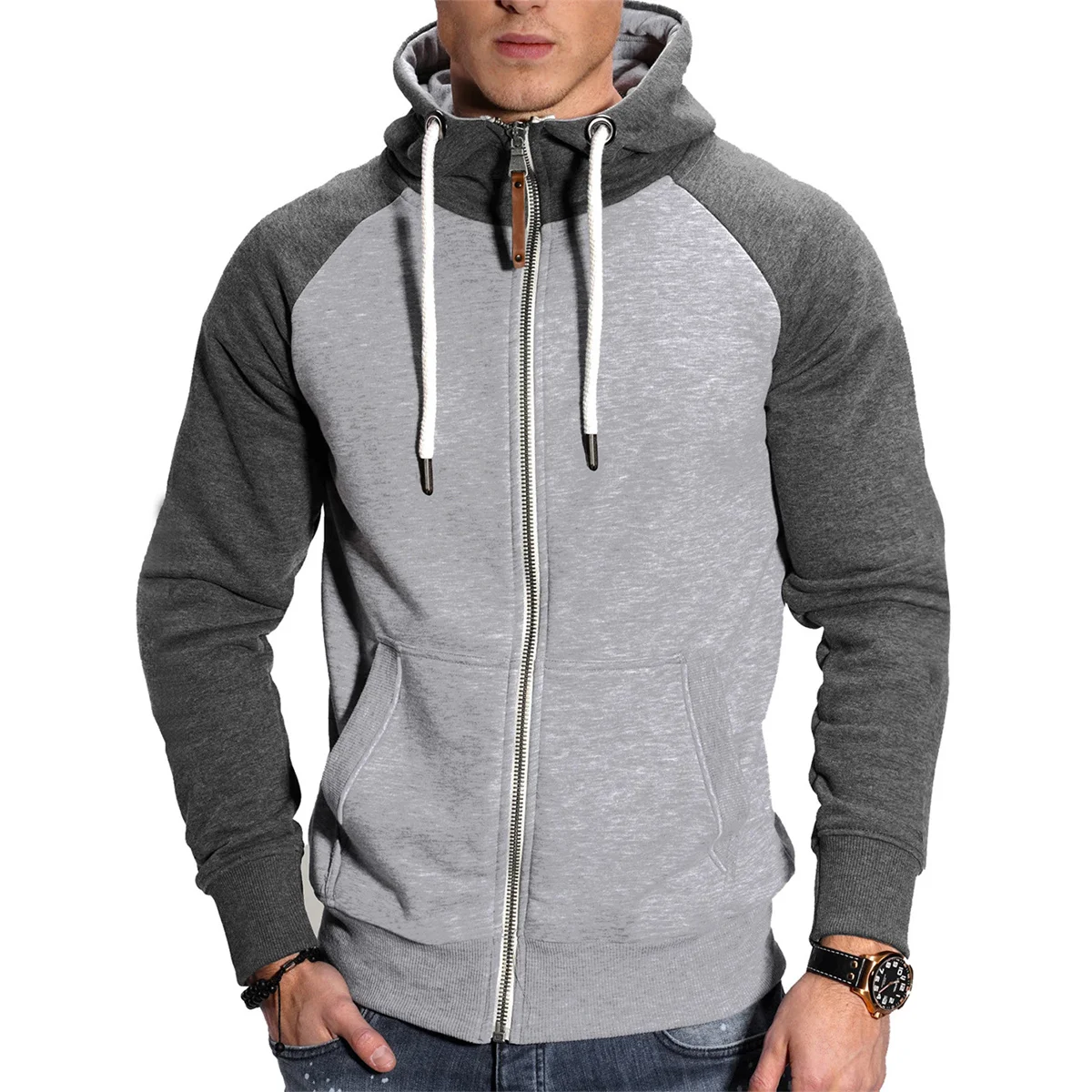 Winter Fashion Fitness Sports Men's Casual Splicing Color, Insert Shoulder Sleeve Hooded Thickened Straight-Through Hoodie 2