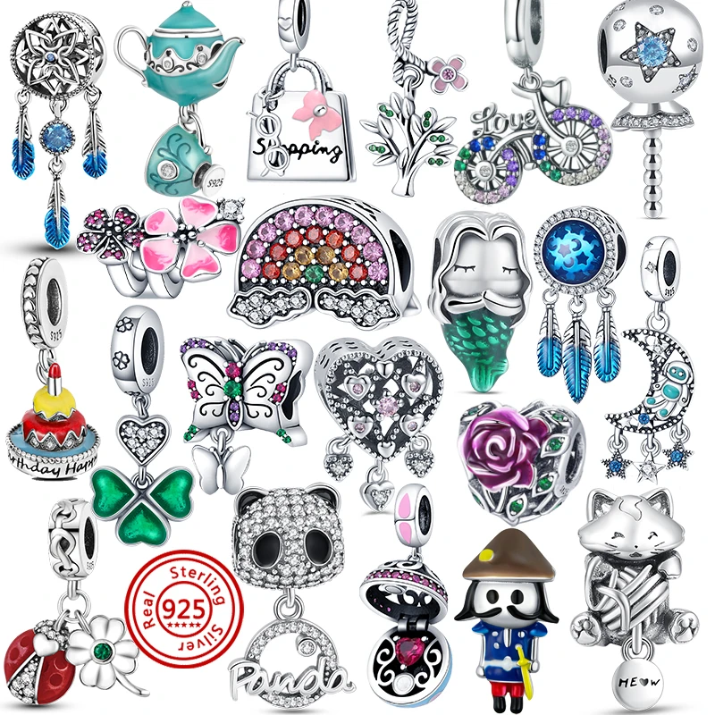 

New 925 Sterling Silver Charm Beads Teapot Cake Mermaid Panda Bike Fit Original Pandora Bracelets Pave Sparkling Making Jewelry