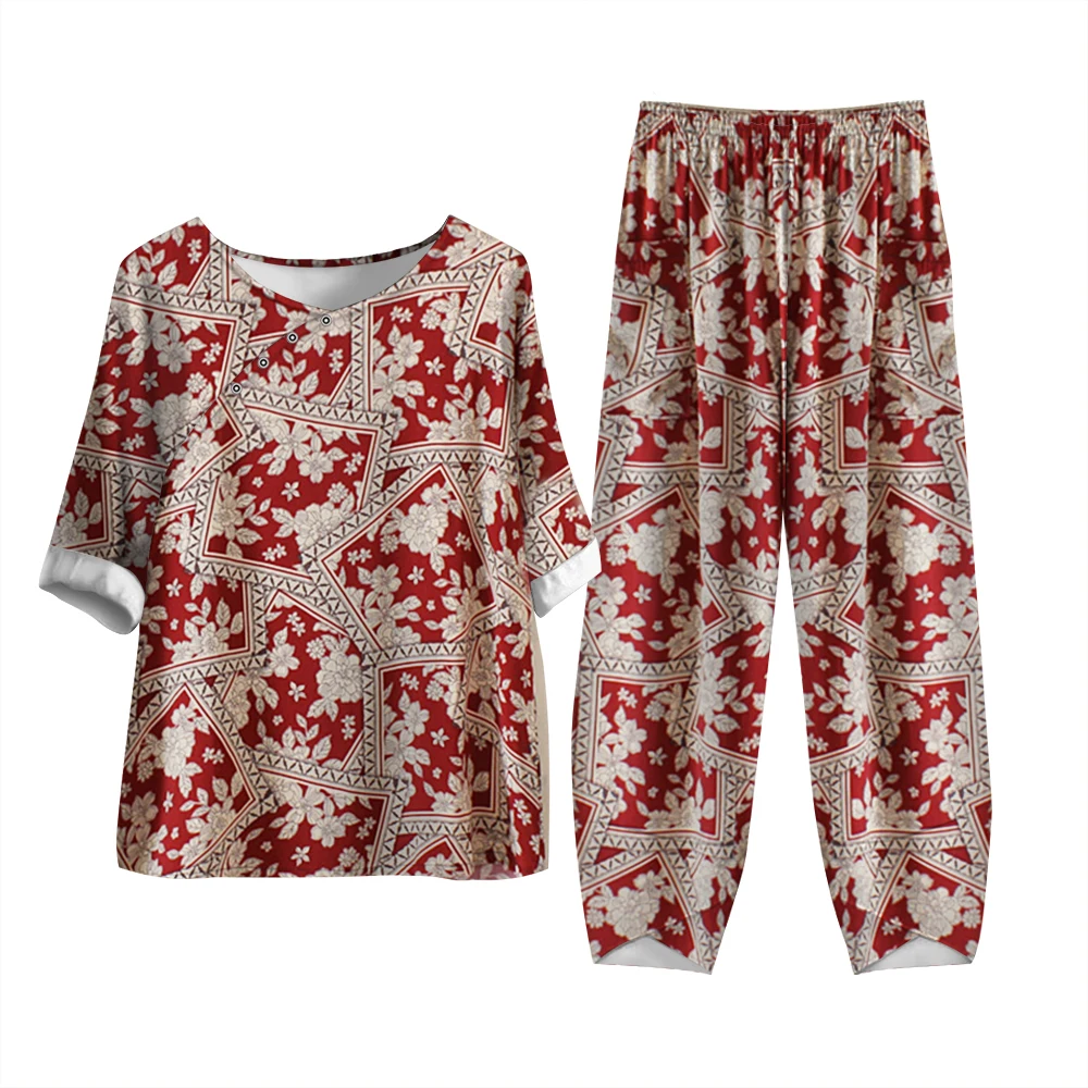 

Middle-Aged Breathable Flower Color Printed Short Sleeve Pants 2-Piece Women's 2023 Vintage Soft Grandmother Button-Down Shirt