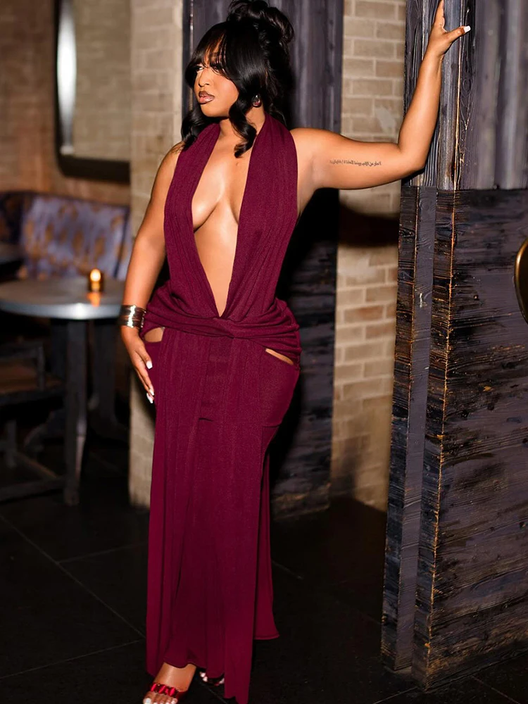 Nibber Club Maxi Dresses Woman Backless Sexy Fashion Halter Deep V-Neck Ruched Kink High Splits Design Midnight Party Vestidos