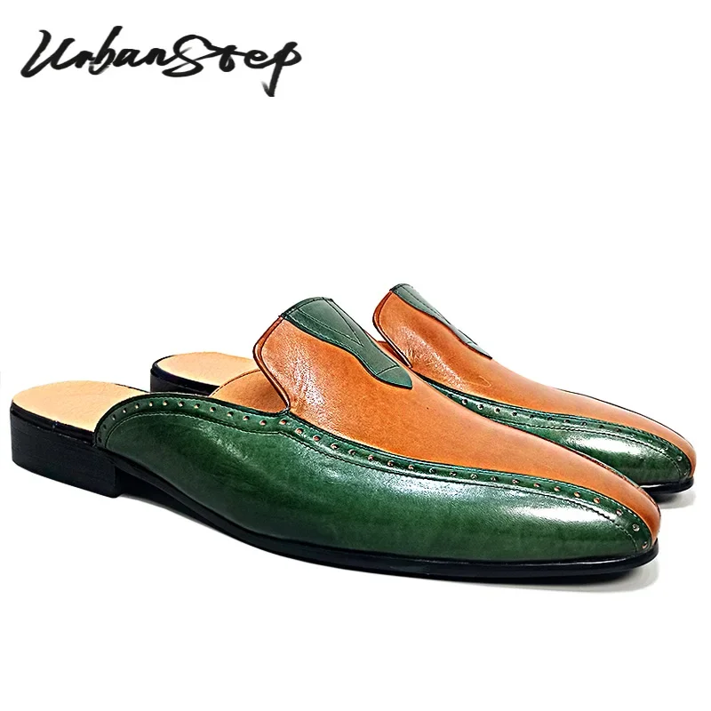 

Luxury Men Half Shoes Mixed Colors Pointed Toe Summer Slippers Men Casual Dress Shoes Breathable Real Leather Shoes Men