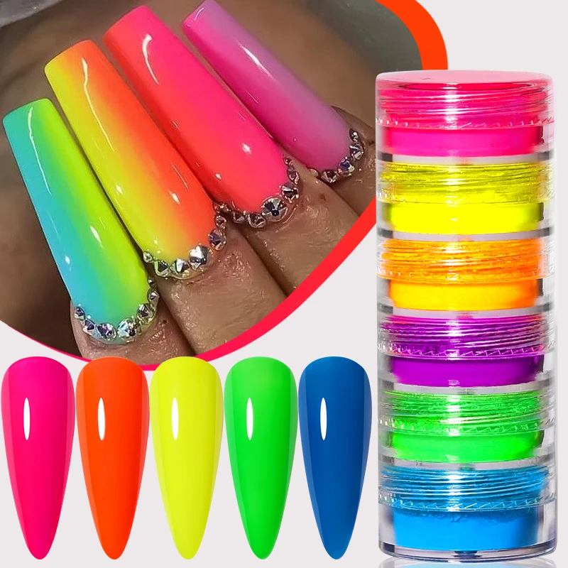 6Box/Set Neon Phosphor Pigment Powder Fluorescent Nail Glitter Set Shinny Ombre Chrome Dust DIY Gel Polish Manicure Nails Art