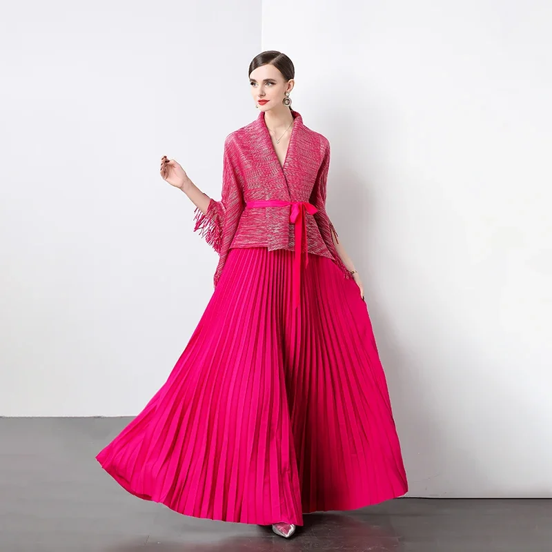 chinese dress ladies FINAL SALE! Wealthy Boss Lady- 2pc Metallic Mesh Miyaki Shawl Top/Midi