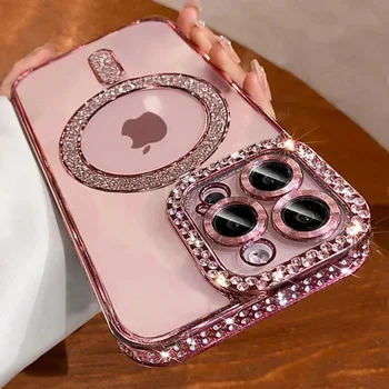 New Fashion Glitter Diamond Transparent Case For iPhone 17 16 15 14 13 11 12 Pro Max Funda Magnetic Wireless Charge Bumper Cover 1