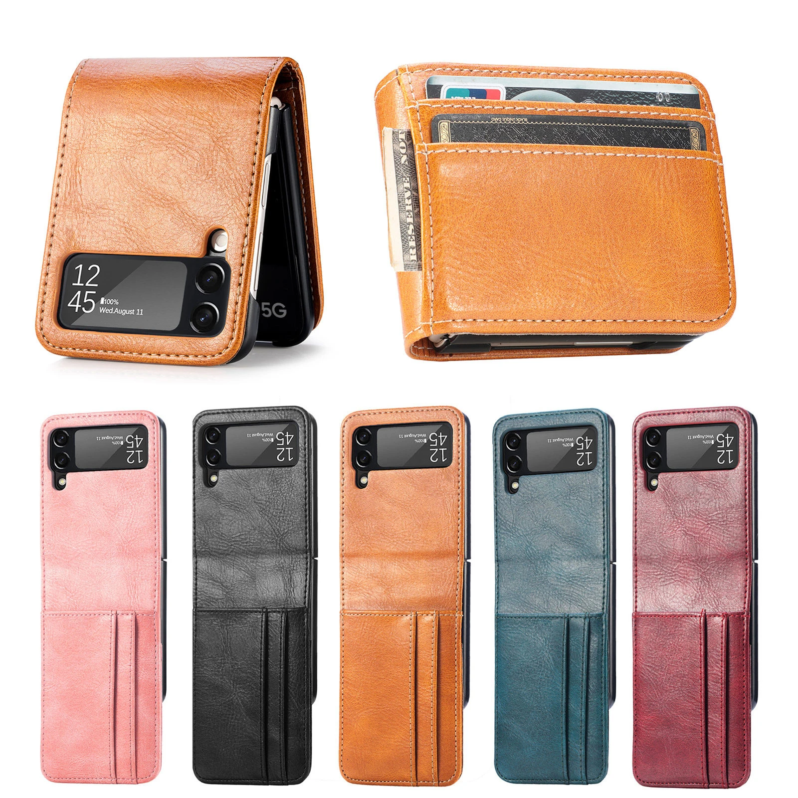 Leather Card Slot Phone Case for Samsung Z Flip 3 Soft Leather Protective Cover For Galaxy Z Flip3 5G SM-F711B Ultra Slim Cover samsung galaxy z flip3 case