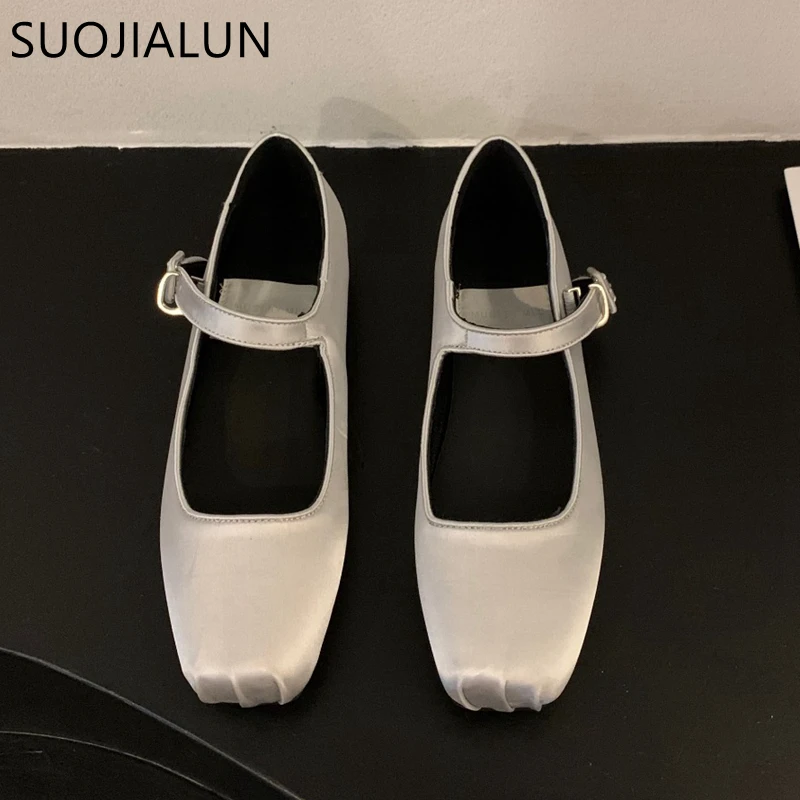 Spring New Women Flat Shoes Fashion Silk Square Toe Shallow Ladies Ballet Shoes Soft Casual Flat Mary Jane