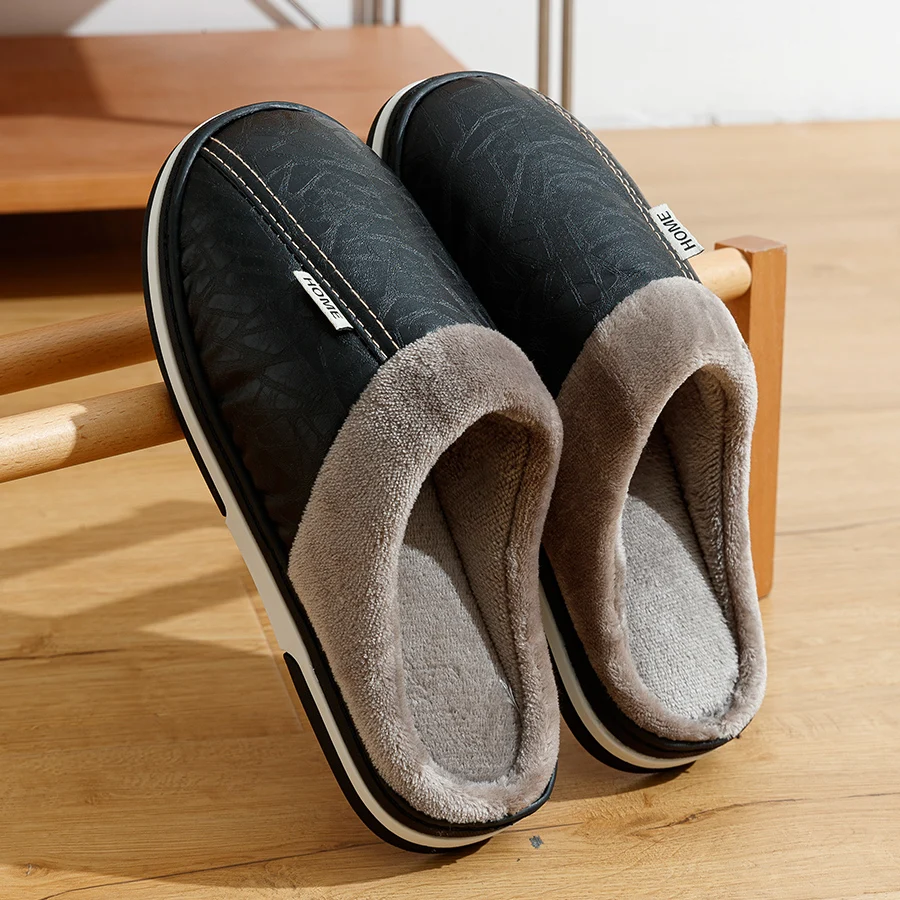 Big Size Winter Casual Men's Slippers Indoor Waterproof PU Leather Home Shoes Fur Flat Warm Fashion Bedroom Houseshoes fur slippers