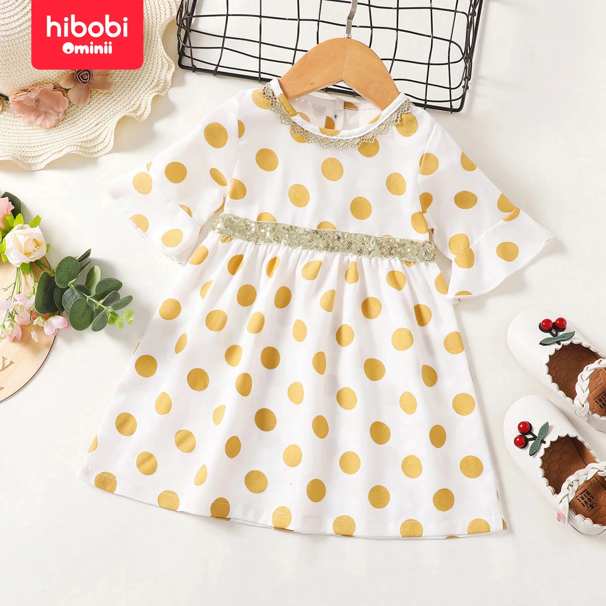 

hibobi Summer Baby Girl Gold Lace Polka Dot Fabric Patchwork Sequin Webbing Fashion Round Neck Dress Suitable For 3-24 Months
