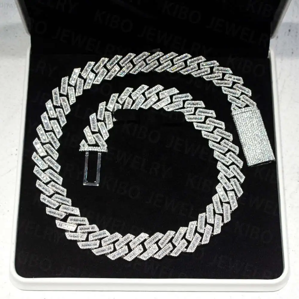 

Kibo Hip Hop Jewelry 18mm 925 Silver Vvs Baguette Moissanite Diamond Cuban Link Chain