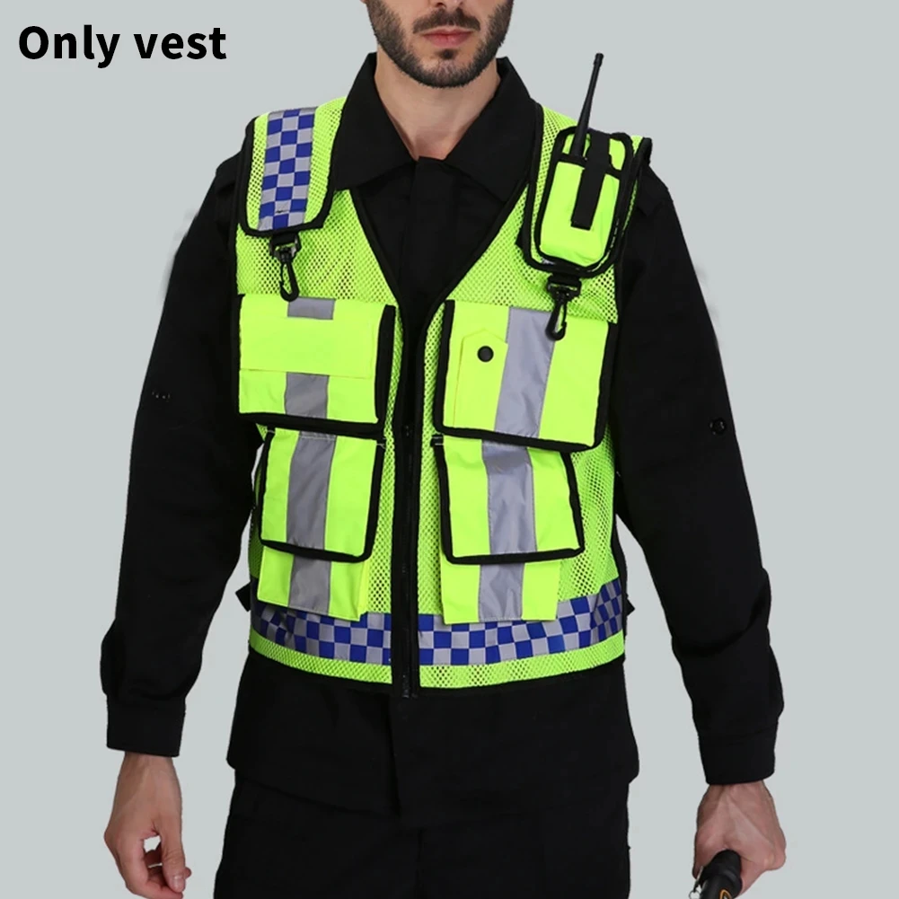 Police Reflective Vest High Visibility Reflective bonded multiple pockets Vest Mens Construction Worker Night Runner Safety reflective vest