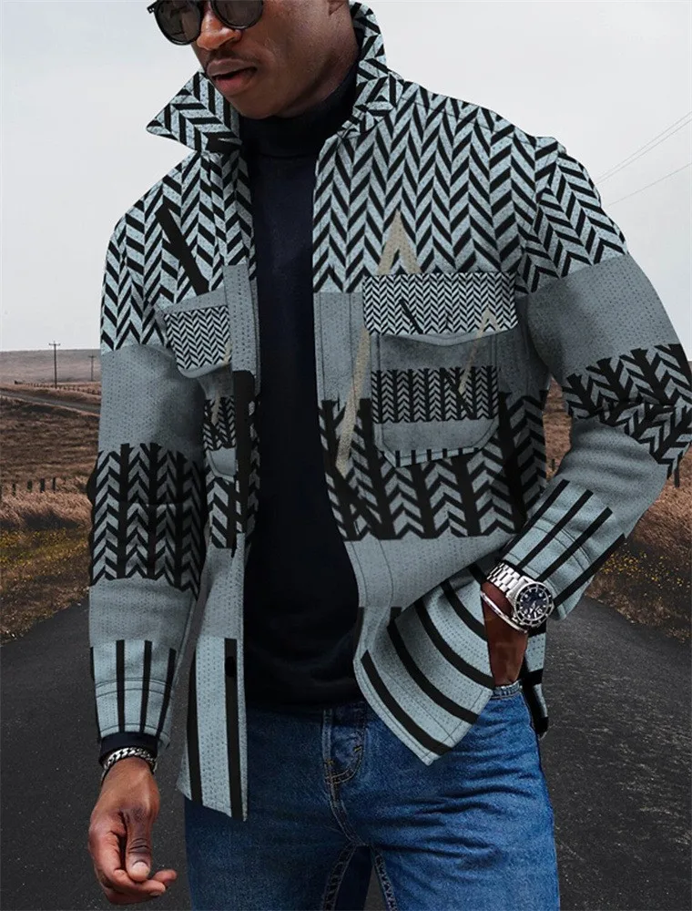 New Men's 3D Printing Striped Single-breasted Button Cardigan Casual Jacket
