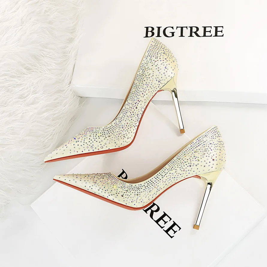 

BIGTREE Shoes Sparkle Rhinestones Women Pumps Luxury High Heels Satin Women Shoes Fashion Wedding Shoes Metal Heel Stiletto 2022