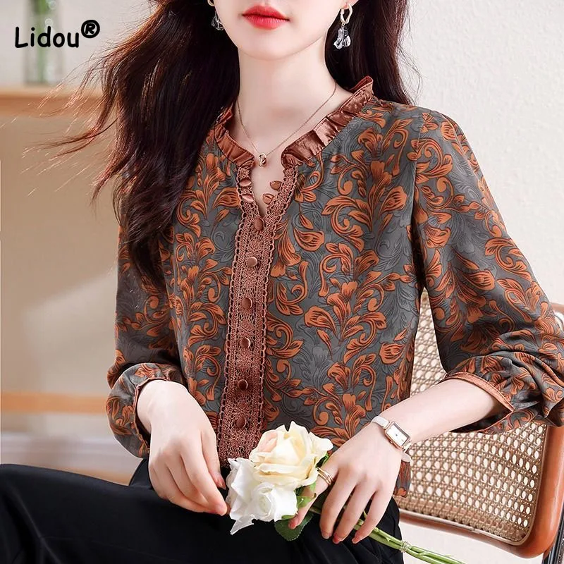 Temperament Printed Long Sleeve Shirt Women's Clothing Spring Autumn Fashion All-match Female Ruffles Button Patchwork Blouse pffice elegance v neck ruffles floral all match top women summer new short sleeve loose young temperament printing chiffon shirt