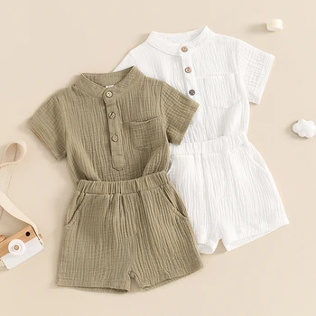 Pudcoco Little Boy 2 Piece Summer Set, Round Neck Short Sleeve Tops Elastic Waist Shorts Baby Toddler Solid Color Outfits 6M-4T 1