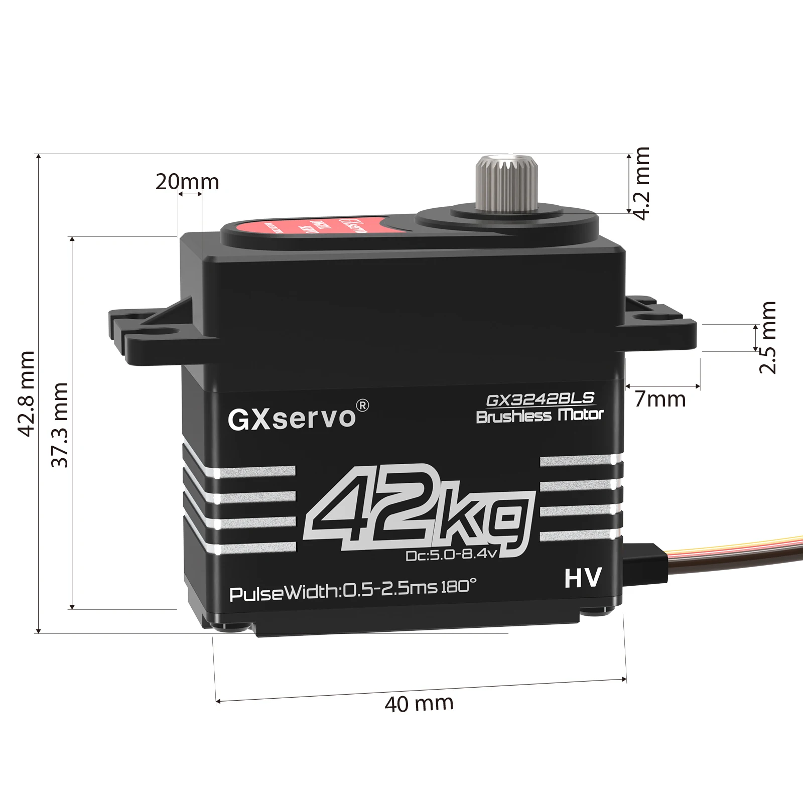 Servomoteur RC sans balais 42kg pour voiture RC 1/8, installé sur un châssis avec fixation métallique.