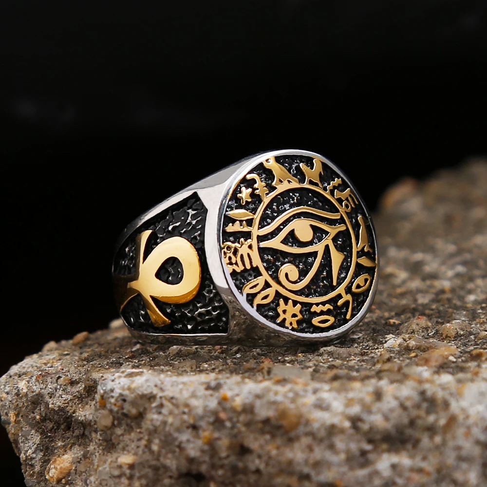 Egyptian Vintage Men Eye Of Horus Ring Ankh Cross Ring Stainless Steel Punk Biker Amulet Jewelry Gift
