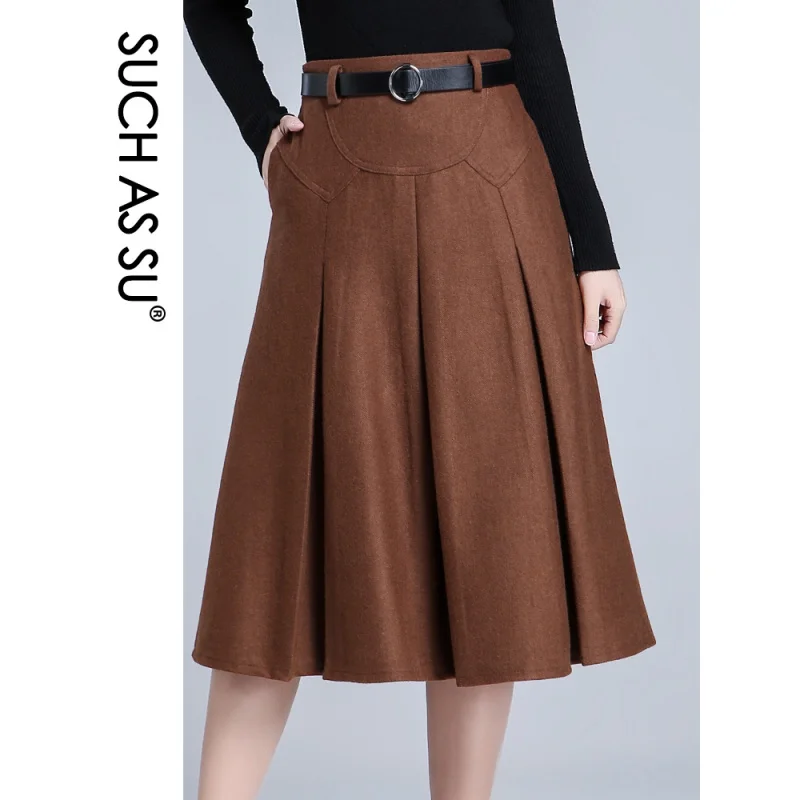 SUCH AS SU 4 Colors 2021 Women Black Brown Dark Blue Wine Red High Waist Pleated Skirt Winter S-3XL Size Female Mid-Long Skirt