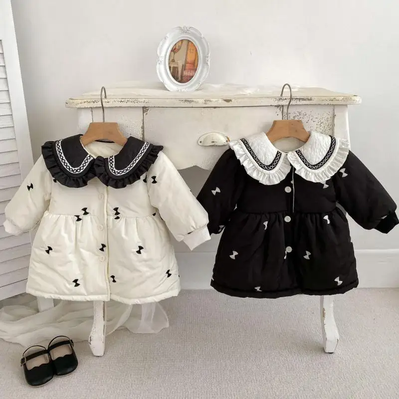 

2023 Winter New Baby Girls Plus Velvet Thick Lace Lapel Coat Toddler Long Sleeve Cardigan Infant Warm Padded Jacket Kids Clothes