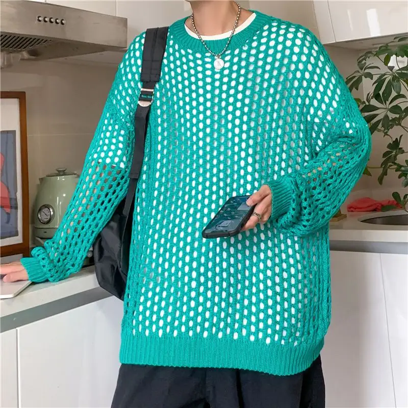 Men Autumn High-end Design Trendy Tops in Knitwear Round Neck Loose Fishnet Solid Long-sleeved Hollow Sweatshirt Fashionable 6