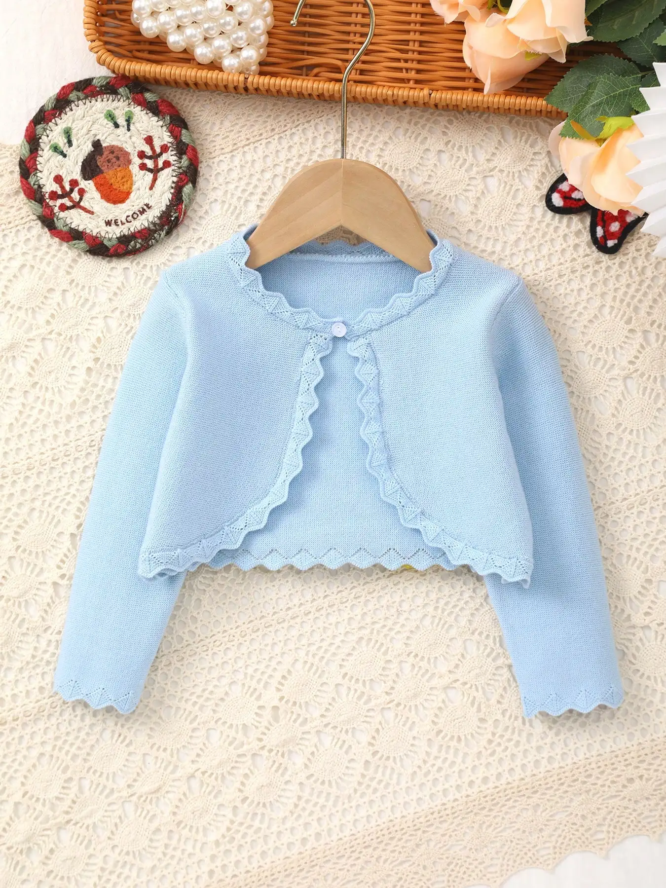 Baby Girl's Spring Elegant and Sweet Solid Color Knitted Shawl with Lace Design Adds a More Gentle Touch