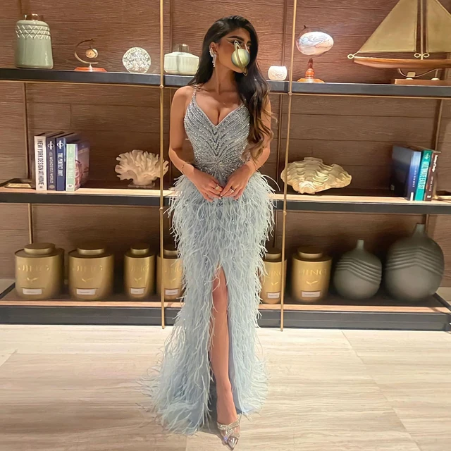 Sharon Said Luxury Beaded Blue Feather Prom Dress Sexy Spaghetti Straps Backless Rose Pink Evening Dress Arabic SS004 Customized 1