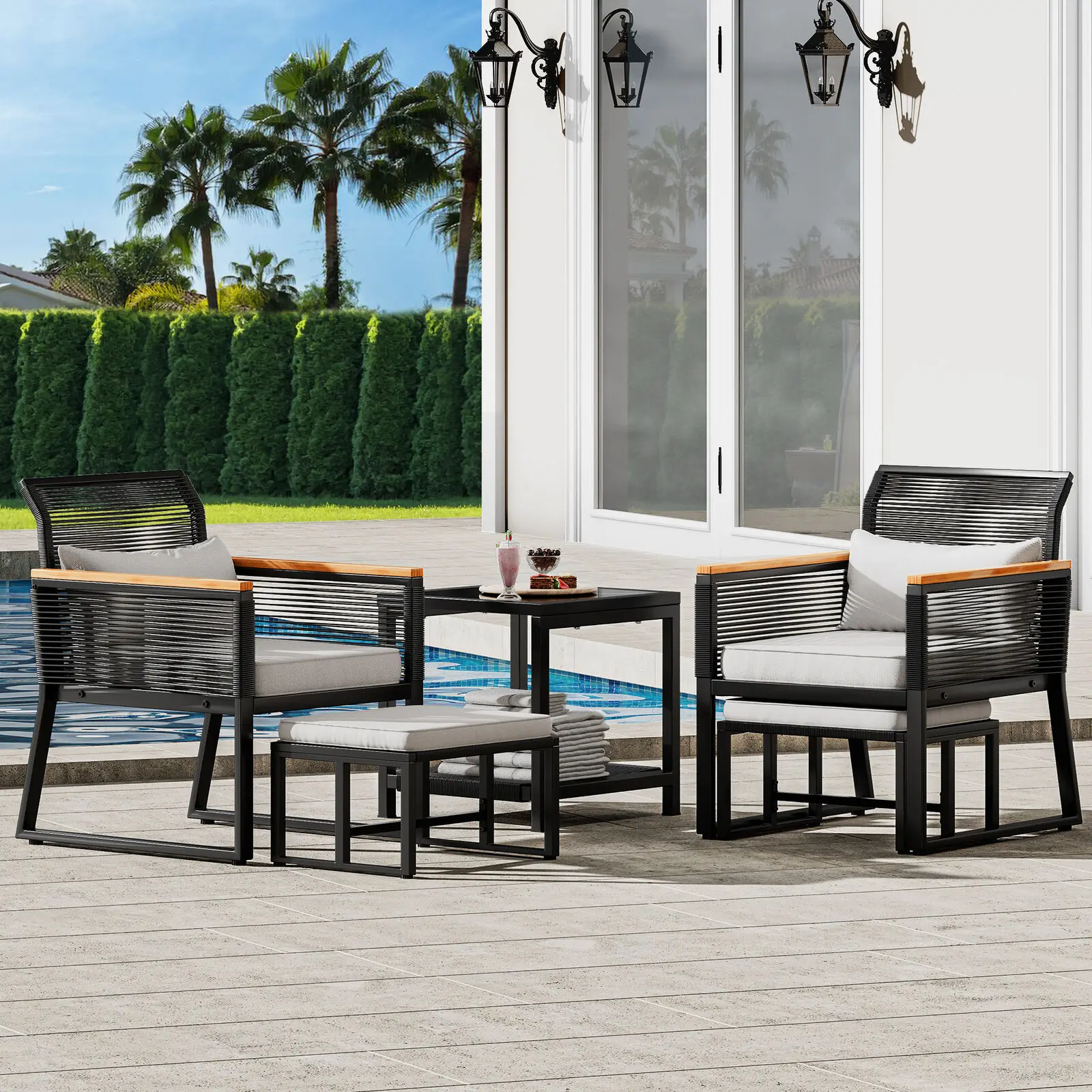 5pcs Outdoor Patio Bistro Set Rattan Wicker Chairs Conversation set w/ footrest