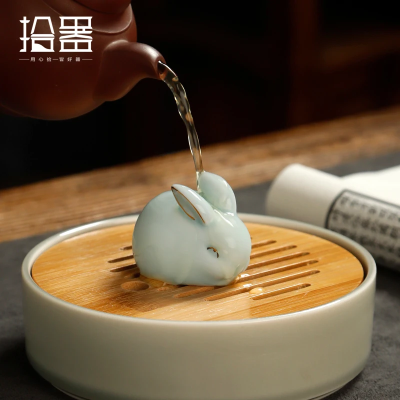 Ru Kiln open piece Jade Rabbit cute rabbit tea pet decoration piece boutique can raise ceramic tea play pen holder, tea pet ornaments