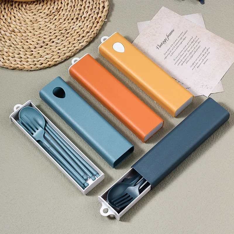 4PCS/Set Travel Cutlery Set Wheat Straw Knife Fork Spoon Chopstick With Box Student Dinnerware Sets Kitchen Tableware Portable