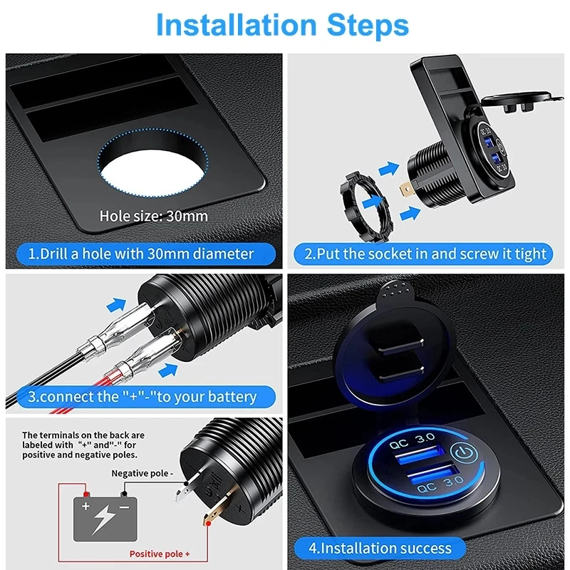 Dual USB Car Charger Socket with Quick Charge 3.0 and Touch Switch - Waterproof Fast Charging Power Outlet