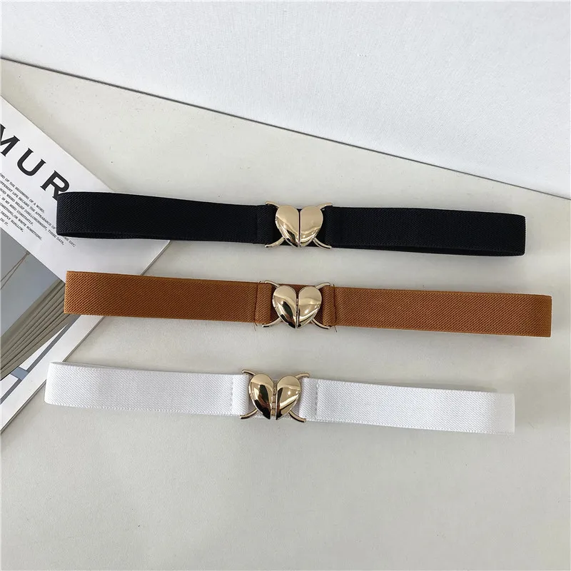 

High-quality Love Card Gold Buckle Belts for Women Decorative Waist Belt Skirt Retro Elastic Thin Belts Gift Black White Camel