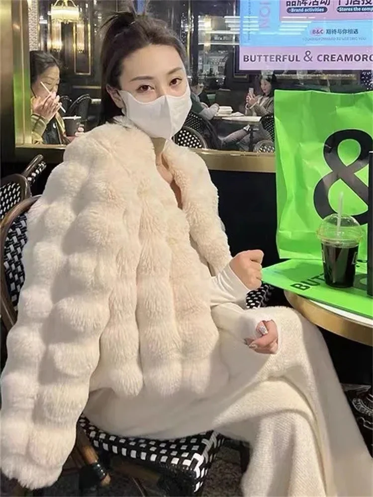 Luxury Short Faux Rabbit Furs Jackets Elegant Thicken Winter Coats Imitate Mink Warm Jaqueta Korean Fashion Women Furry Overcoat