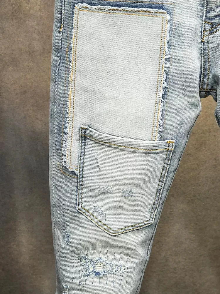 Street Fashion Men Jeans Retro Light Gray Blue Elastic Slim Fit Ripped Jeans Men Spliced Designer Multi Pockets Hip Hop Pants