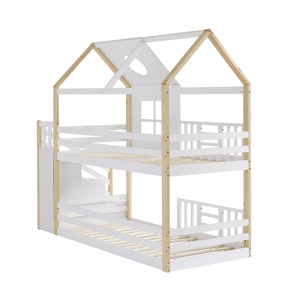 90 x 200 cm großes Etagenbett aus Kiefernholz und MDF – mit Stauraumtreppe, Fallschirmgitter, Fenster- und Dachdesign, weiß und natürliches Finish für Schlafzimmer – Detail 23