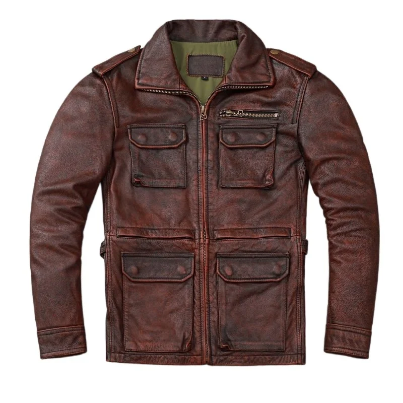 

Охотничьи кожаные куртки M65, длинная винтажная красно-коричневая мужская куртка из натуральной воловьей кожи с карманами, пальто из натуральной кожи, Осенние футболки