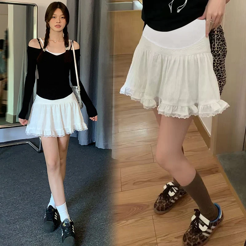 Korean Style High Waist Pregnant Woman Belly Skirts Sweet Lace Hem Patchwork Petite Maternity Skirt Pregnancy White Cake Skirts