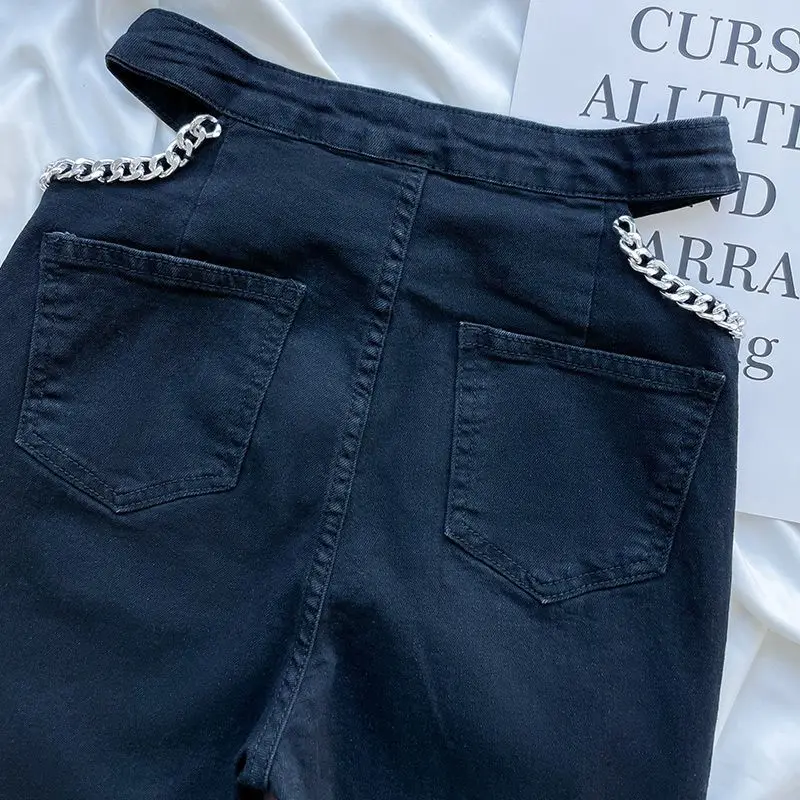 Solid Color Casual Fashion Women's Jeans Hollow Out High Waist Denim Trousers Slim Flare Pants
