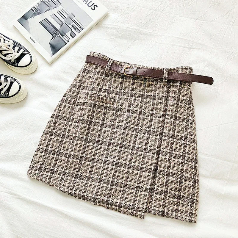 High Waist Spring Sweet A-line Mini Skirts Korean Irregular Lady Wears Female Vintage Casual Women New Plaid Skirt Chic Sashes