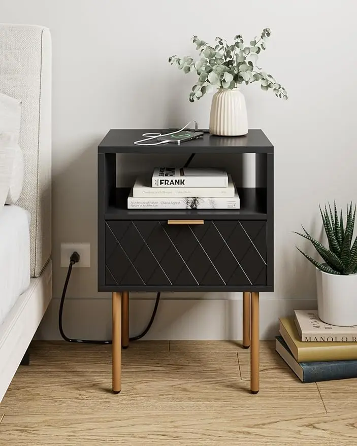 

Nightstand with Charging Station, Drawer Dresser for Bedroom, Small Side Table with Drawer, Night Stand, End Table