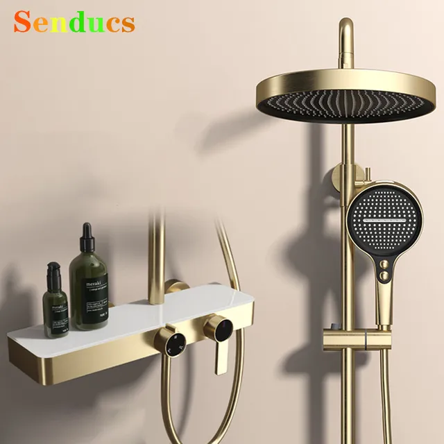 Brushed Gold ชุดฝักบัวอาบน้ําห้องน้ําทองเหลืองคุณภาพร้อนเย็นห้องน้ําระบบก๊อกน้ําอุปกรณ์เสริม 10 นิ้วหัวฝักบัว 1